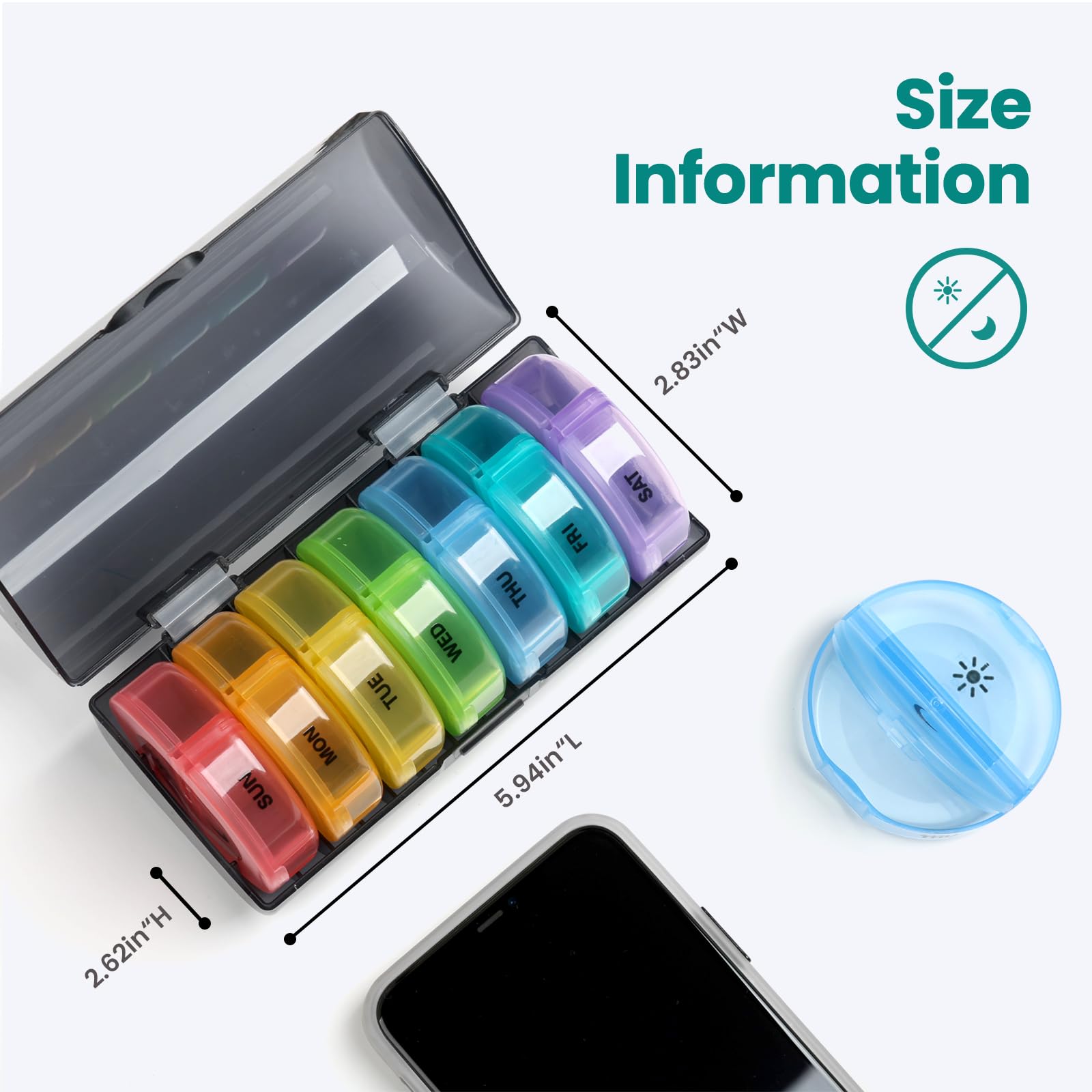 a pill box with a container of pills with text: 'SUN MON TUE 5.94in"L WED THU SAT Information Size'