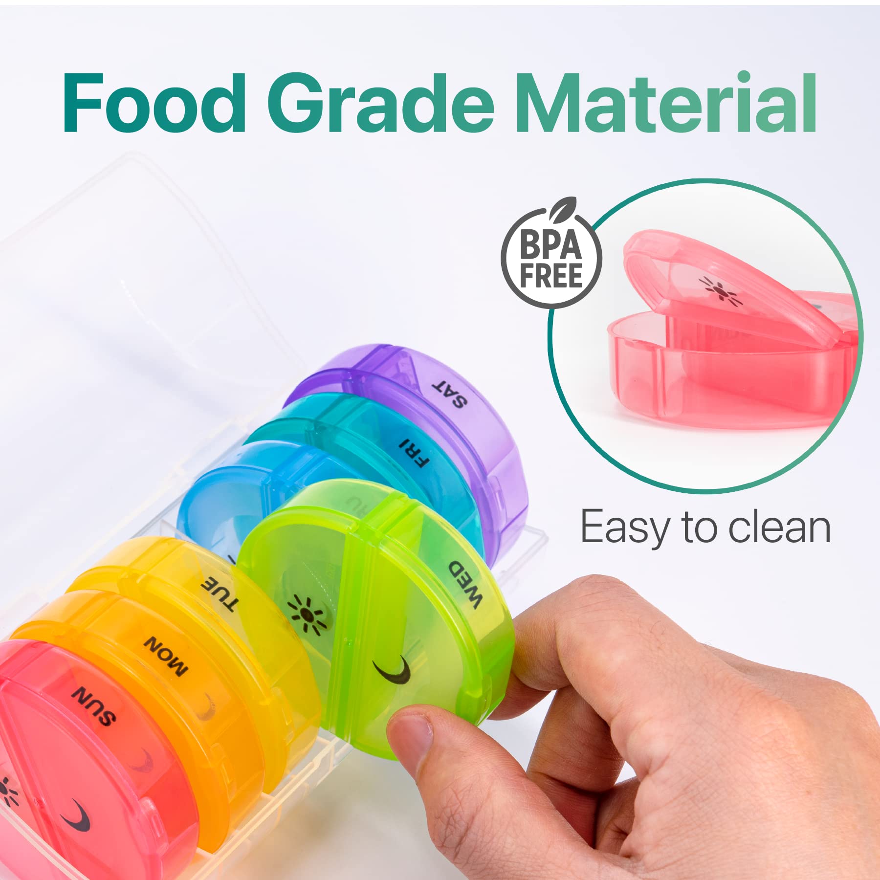 a hand holding a plastic container with different colors with text: 'SUN MON - TUE WED FRI Easy to clean SAT Food Grade Material FREE BPA'