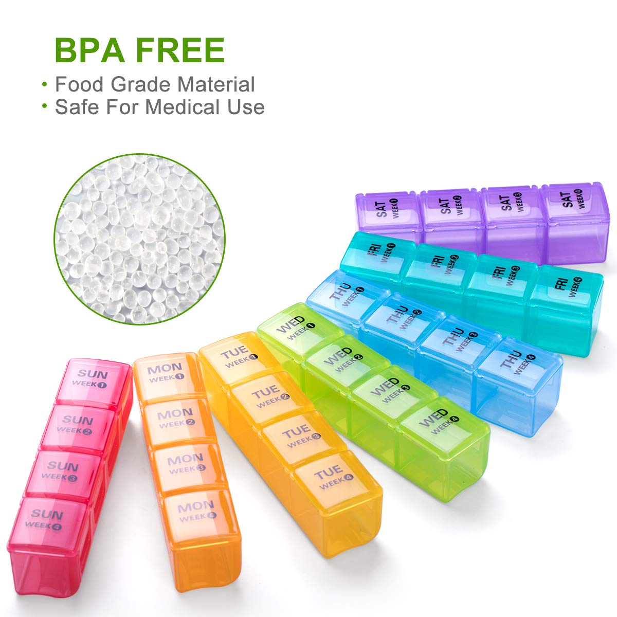 a group of plastic containers with different colors with text: 'BPA FREE Food Grade Material Safe For Medical Use SAT WEEKO SAT SAT SAT FRI WEEKO FRI WEEK 2 THU FRI WEEK 3 WED FRI SUN WEEK MON TUE WEEKO THU WEEK 2 WEEK WED THU SUN WEEK 2 WEEK3 WEEK MON TUE WEEK WEEK 2 WED THU WEEK WEEK 3 SUN WEEK MON TUE WEEK WED WEEK SUN WEEK@ MON TUE WEEK 4 WEEK'