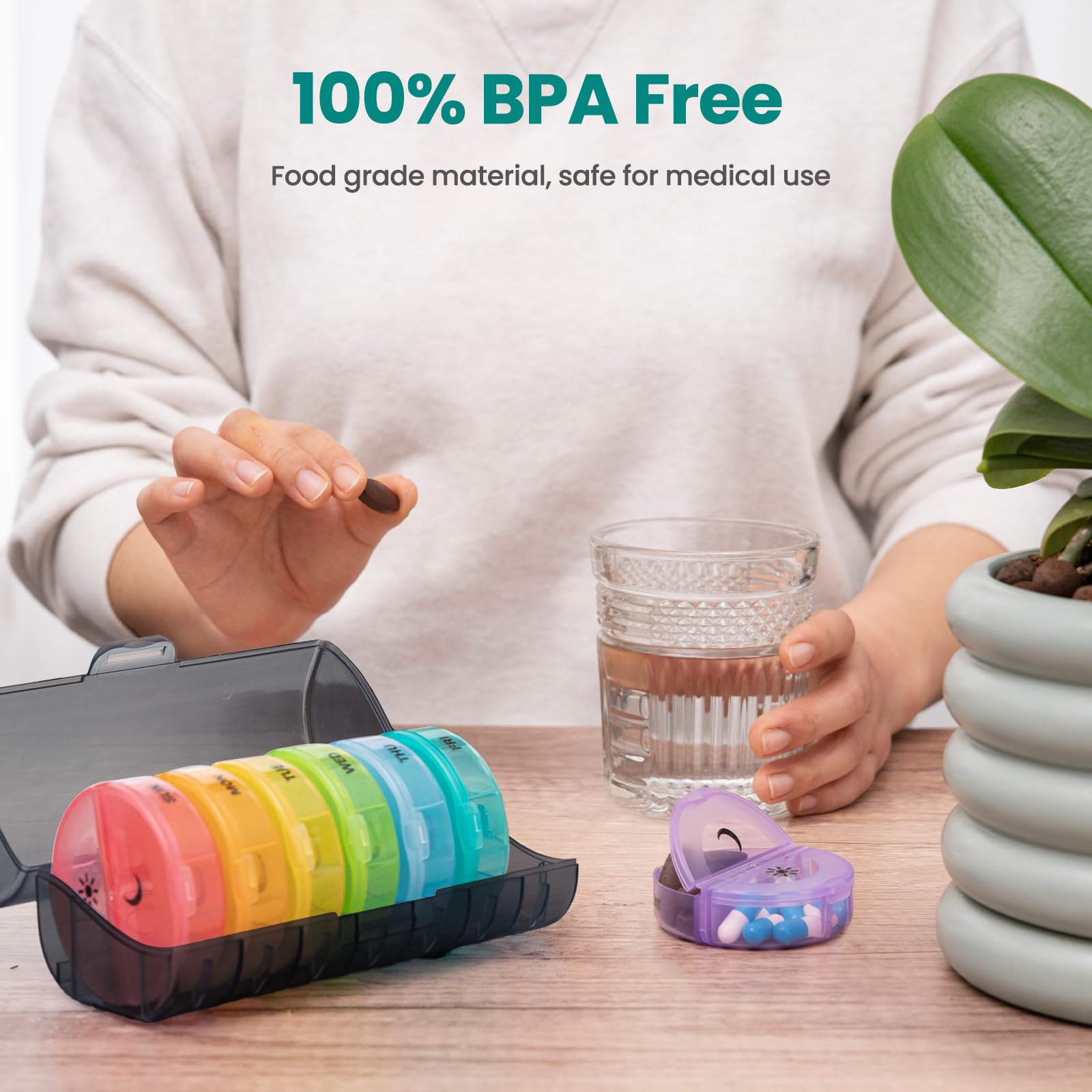 a person holding a pill in their hand with text: '100% BPA Free Food grade material, safe for medical use -'