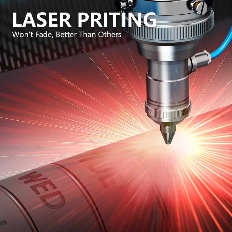 a laser cutting machine with a laser beam with text: 'LASER PRITING Won't Fade, Better Than Others WED'