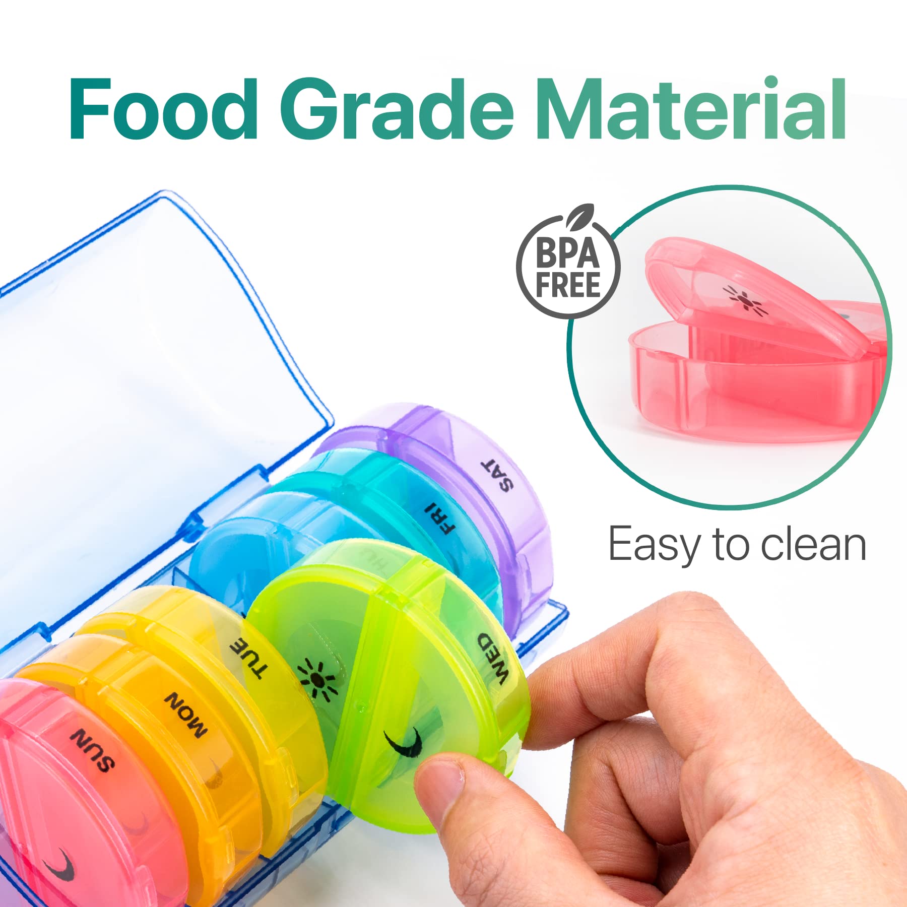 a hand holding a plastic container with different colored containers with text: 'SUN MON TUE WED FRI Food Grade Material SAT Easy to clean FREE BPA'