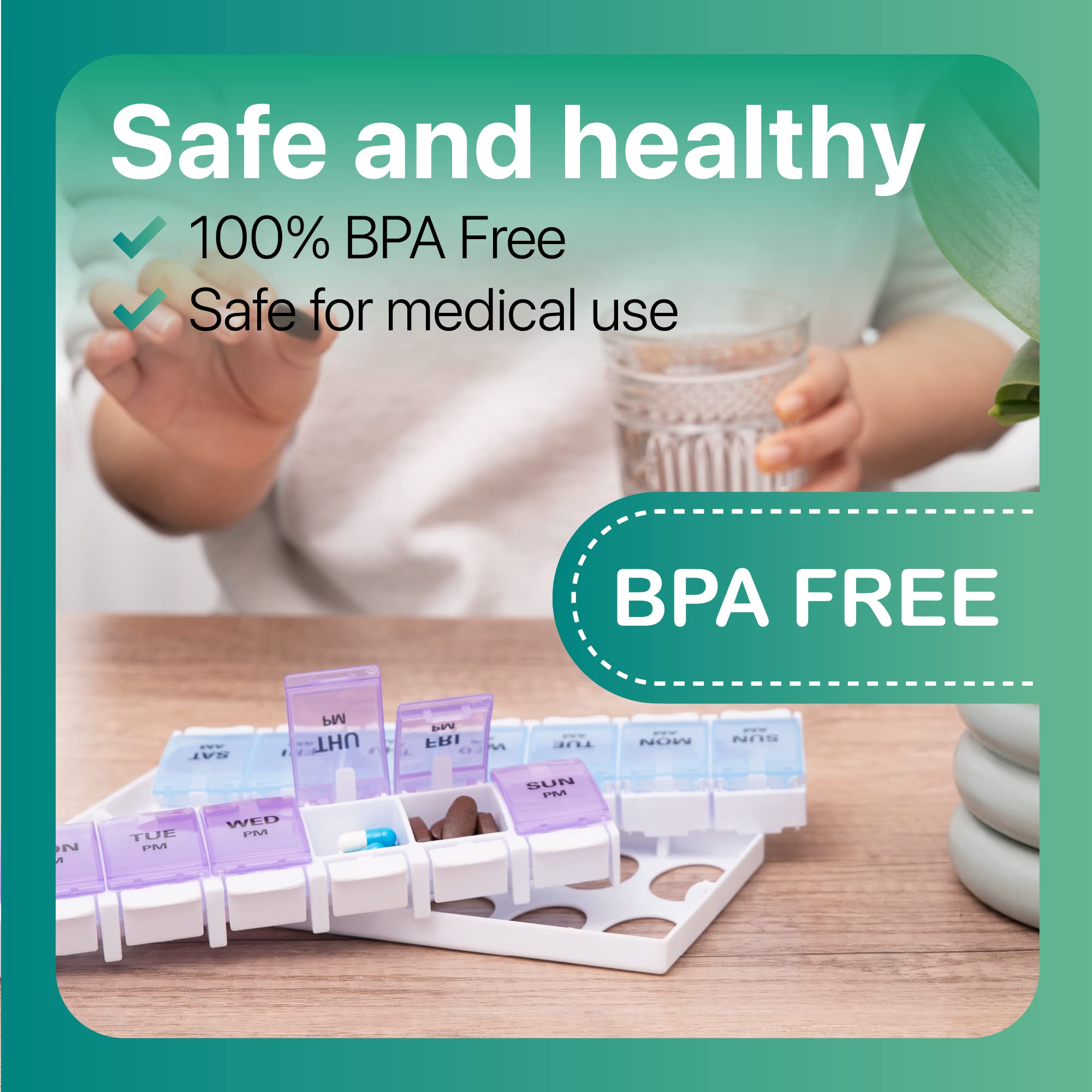 a close-up of a pill organizer with text: 'Safe and healthy 100% BPA Free Safe for medical use BPA FREE NOW SUN PM TUE WED PM PM'