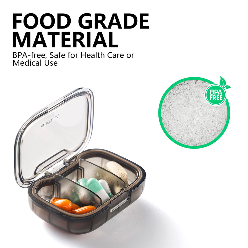 a container with pills in it with text: 'FOOD GRADE MATERIAL BPA-free, Safe for Health Care or Medical Use BPA'