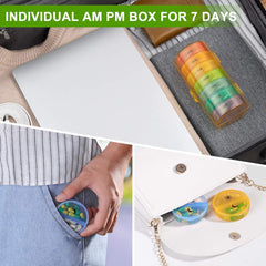 a collage of different items with text: 'INDIVIDUAL AM PM BOX FOR 7 DAYS SUN MON TUE WE THU FRI'