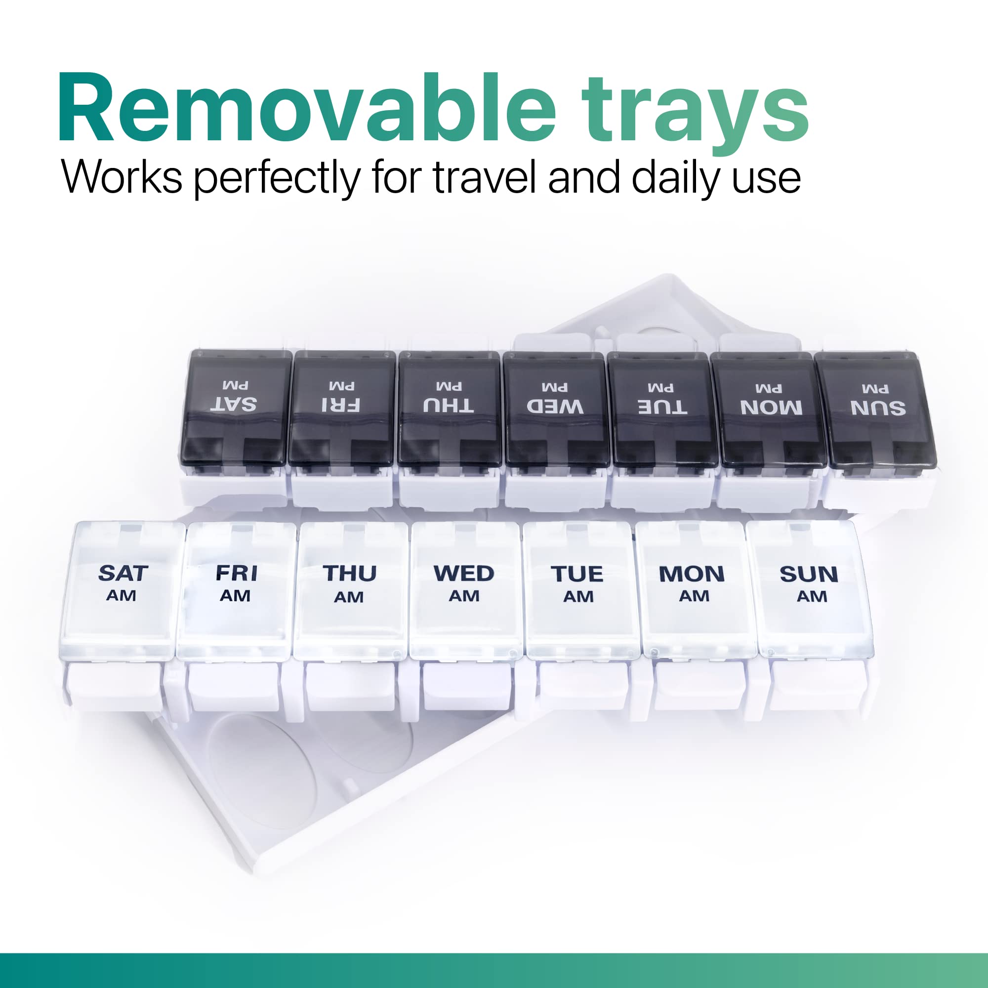 a plastic pill box with black and white plastic containers with text: 'Removable trays Works perfectly for travel and daily use PM PM PM PM PM PM PM SAT THU WED TUE MON SAT FRI THU WED TUE MON SUN AM AM AM AM AM AM AM'