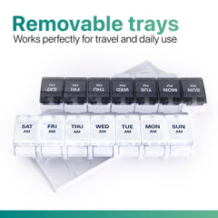 a plastic pill box with black and white plastic containers with text: 'Removable trays Works perfectly for travel and daily use PM PM PM PM PM PM PM SAT THU WED TUE MON SAT FRI THU WED TUE MON SUN AM AM AM AM AM AM AM'