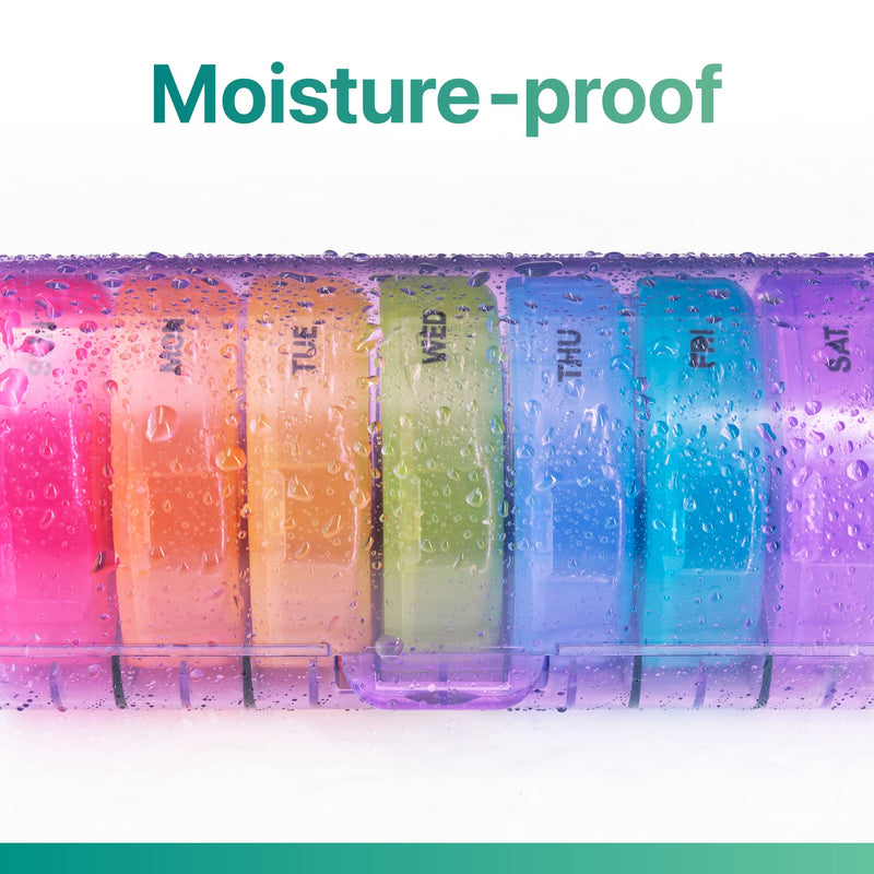 a plastic container with different colored round objects with text: 'Moisture-proof WED SAT'