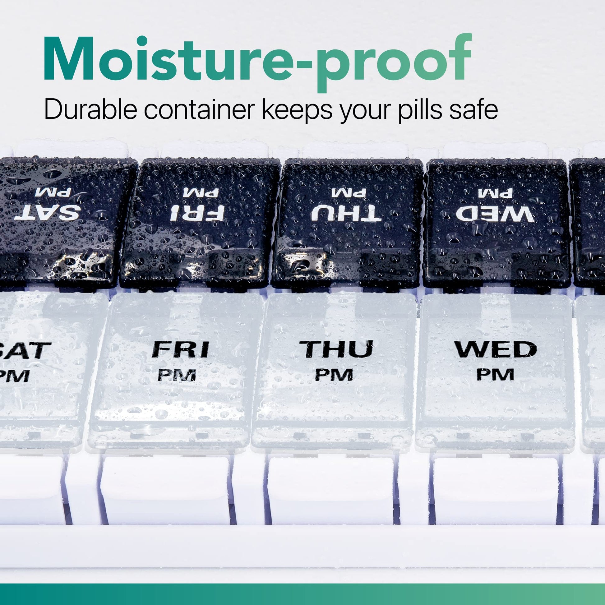 a pill box with black and white plastic containers with text: 'Moisture-proof Durable container keeps your pills safe PM PM PM PM FRI THU WED AT FRI THU WED PM PM PM'