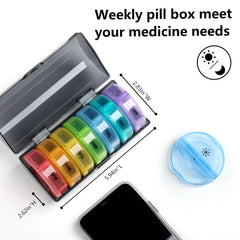 a pill box with a container of pills with text: 'MON TUE 5.94in WED THU FRI SAT 2.83in"W your medicine needs Weekly pill box meet'