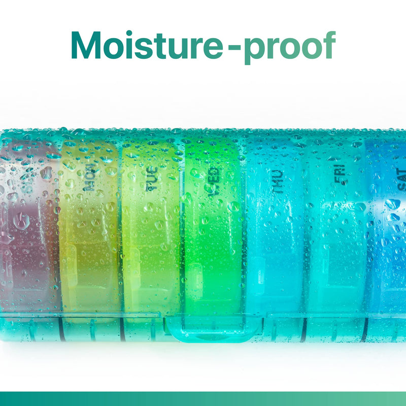 a plastic container with different colored containers with text: 'Moisture-proof'