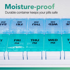 a plastic container with blue and green plastic containers with text: 'Moisture-proof Durable container keeps your pills safe AM AM AM AM M SAT FRI THU WED JE T FRI THU WED T PM PM PM'