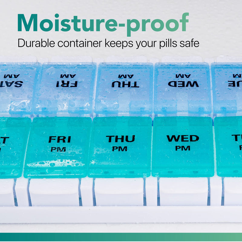 a plastic container with blue and green plastic containers with text: 'Moisture-proof Durable container keeps your pills safe AM AM AM AM M SAT FRI THU WED JE T FRI THU WED T PM PM PM'