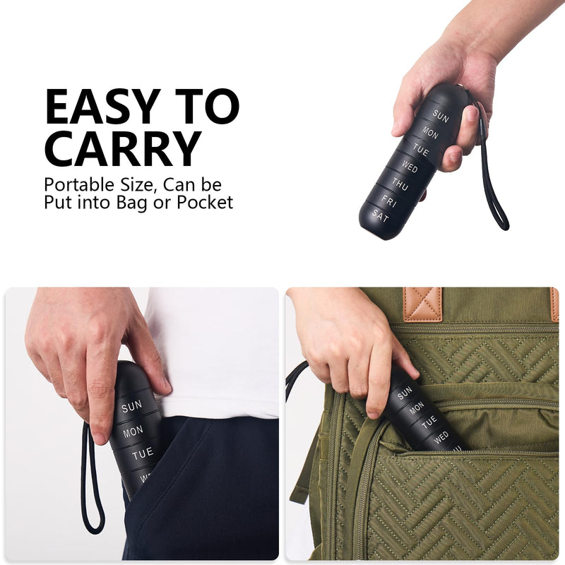 a hand holding a black object with text: 'EASY TO SUN CARRY MON TUE WED Portable Size, Can be THU Put into Bag or Pocket FRI SAT SUN SUN MON TUE MON WED TUE W'