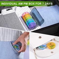 a collage of a person taking pills out of a pocket with text: 'INDIVIDUAL AM PM BOX FOR 7 DAYS SUN MON TUE WED THU FRI SAT'