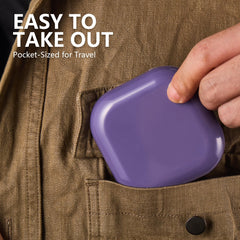 a person putting a purple object in a pocket of a jacket with text: 'EASY TO TAKE OUT Pocket-Sized for Travel'