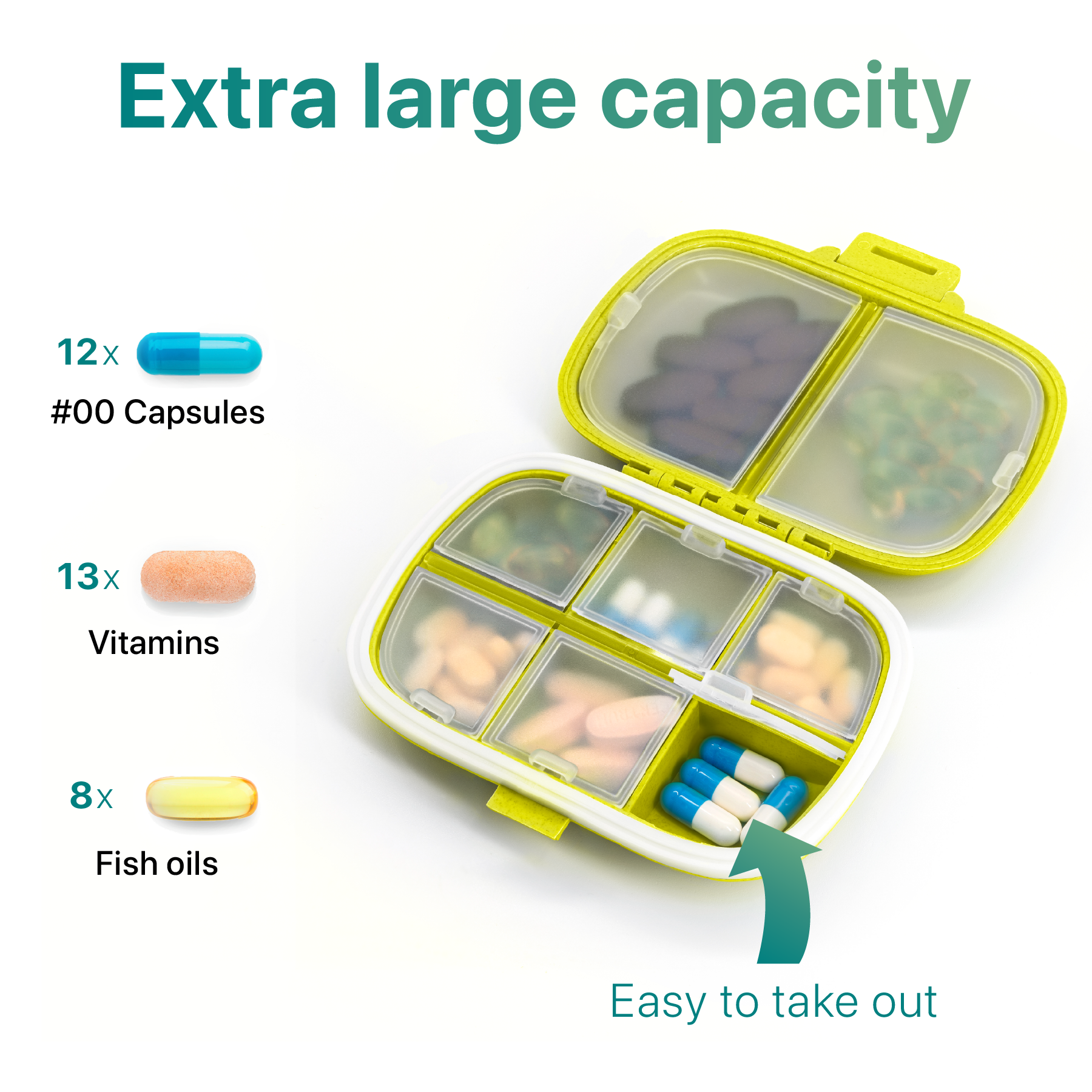 a container with different pills with text: 'Extra large capacity 12x #00 Capsules 13x Vitamins 8x Fish oils Easy to take out'