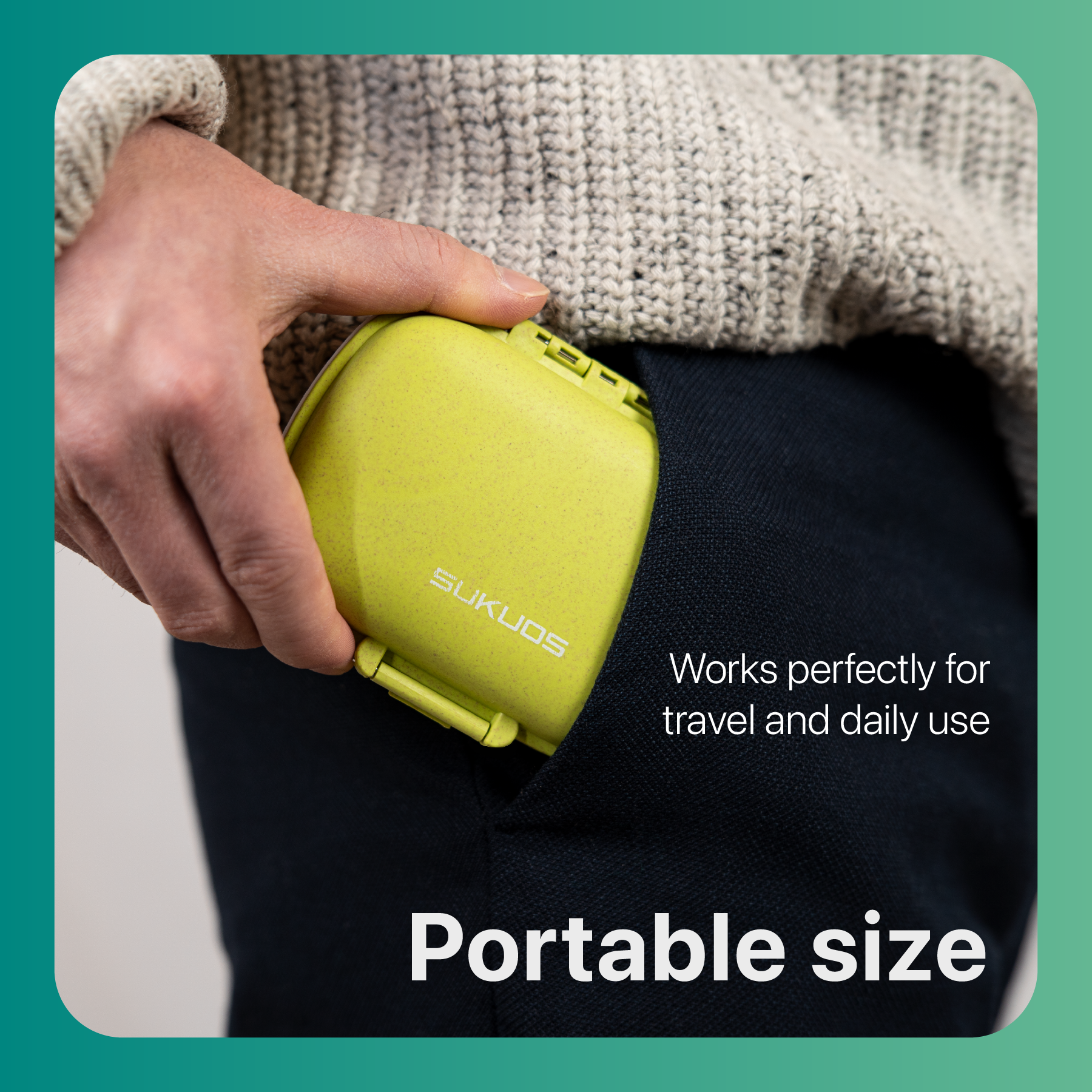 a person holding a yellow box in their pocket with text: 'SUKUOS Works perfectly for travel and daily use Portable size'