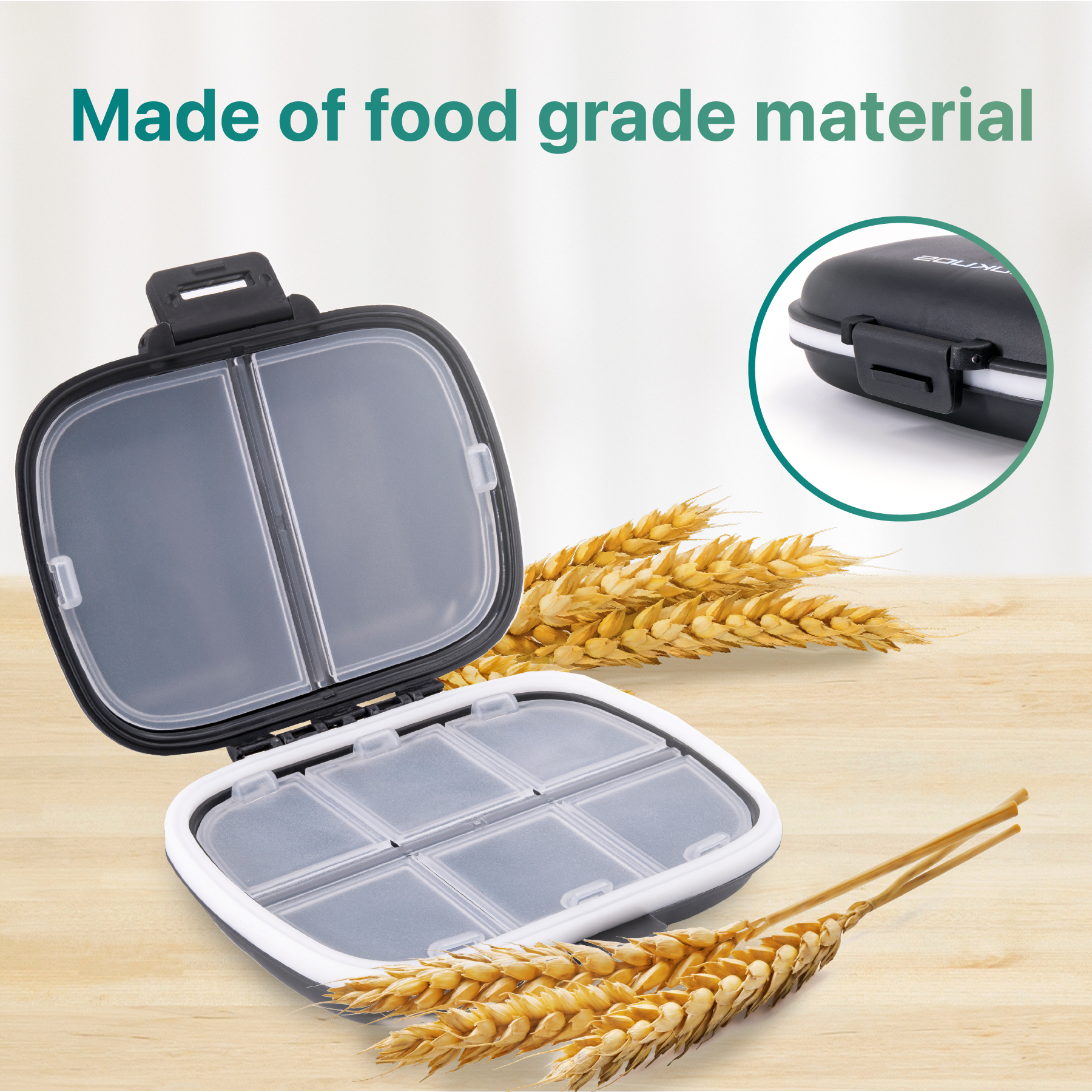 a container with a lid and a couple of wheat ears with text: 'Made of food grade material -'