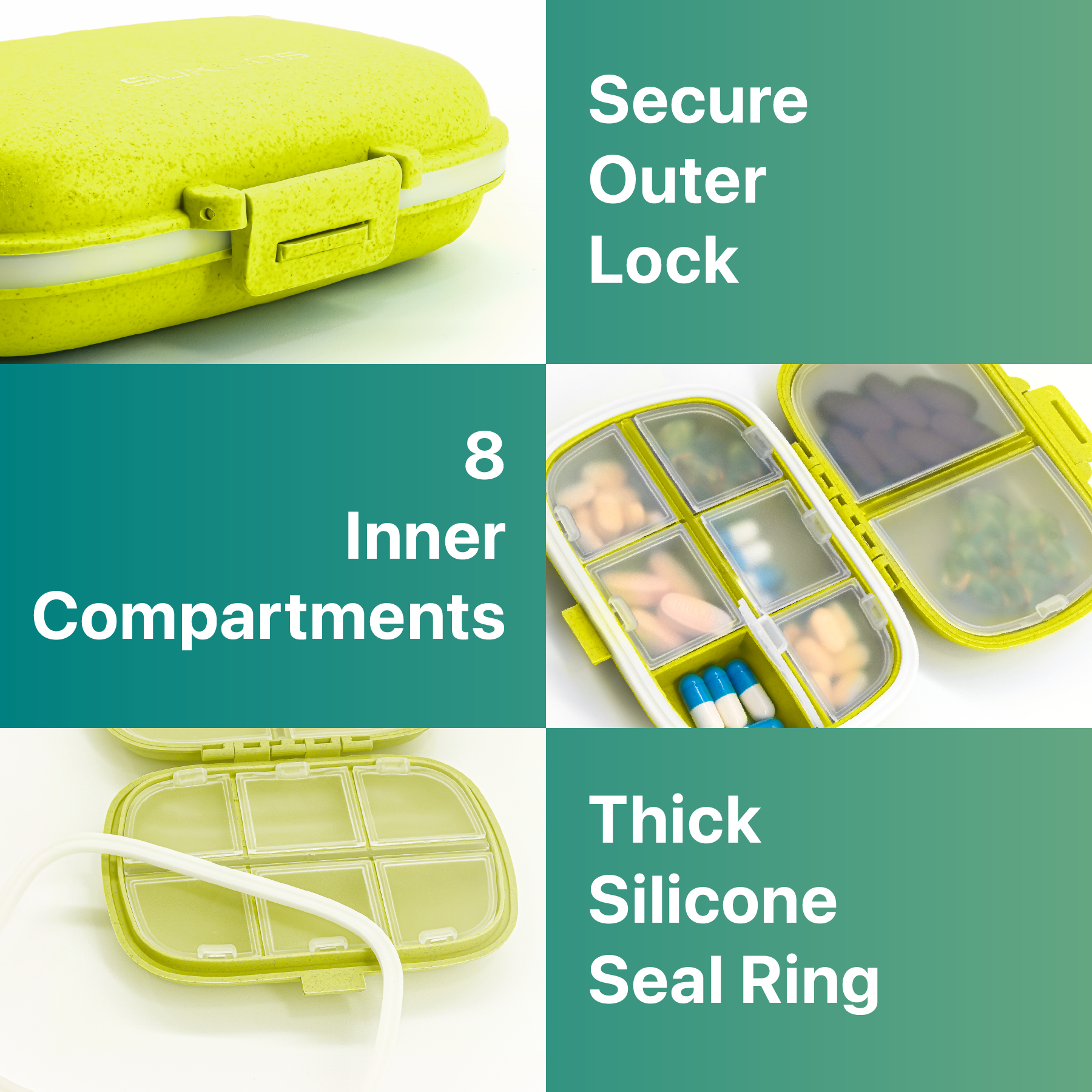 a close up of a pill box with text: 'Secure Outer Lock 8 Inner Compartments Thick Silicone Seal Ring'