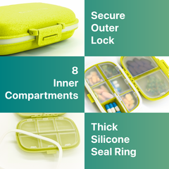 a close up of a pill box with text: 'Secure Outer Lock 8 Inner Compartments Thick Silicone Seal Ring'