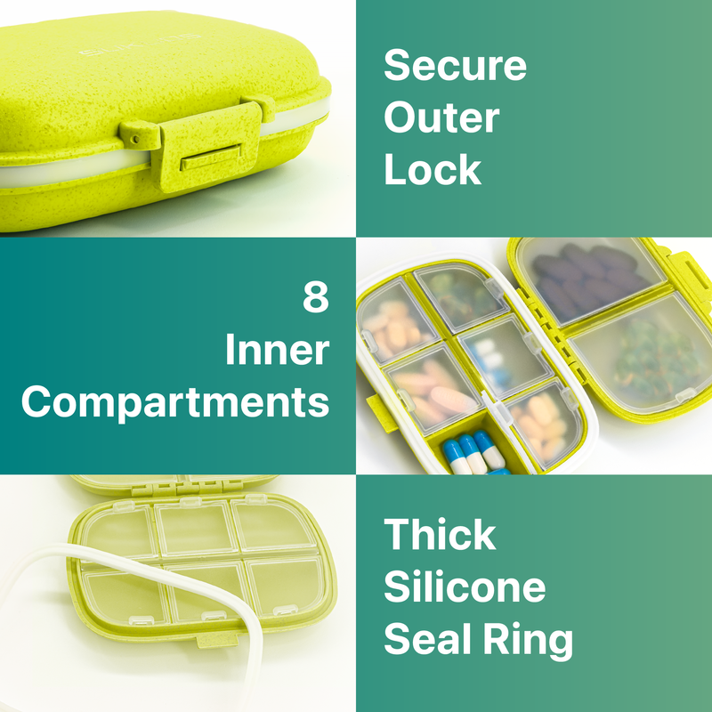 a close up of a pill box with text: 'Secure Outer Lock 8 Inner Compartments Thick Silicone Seal Ring'