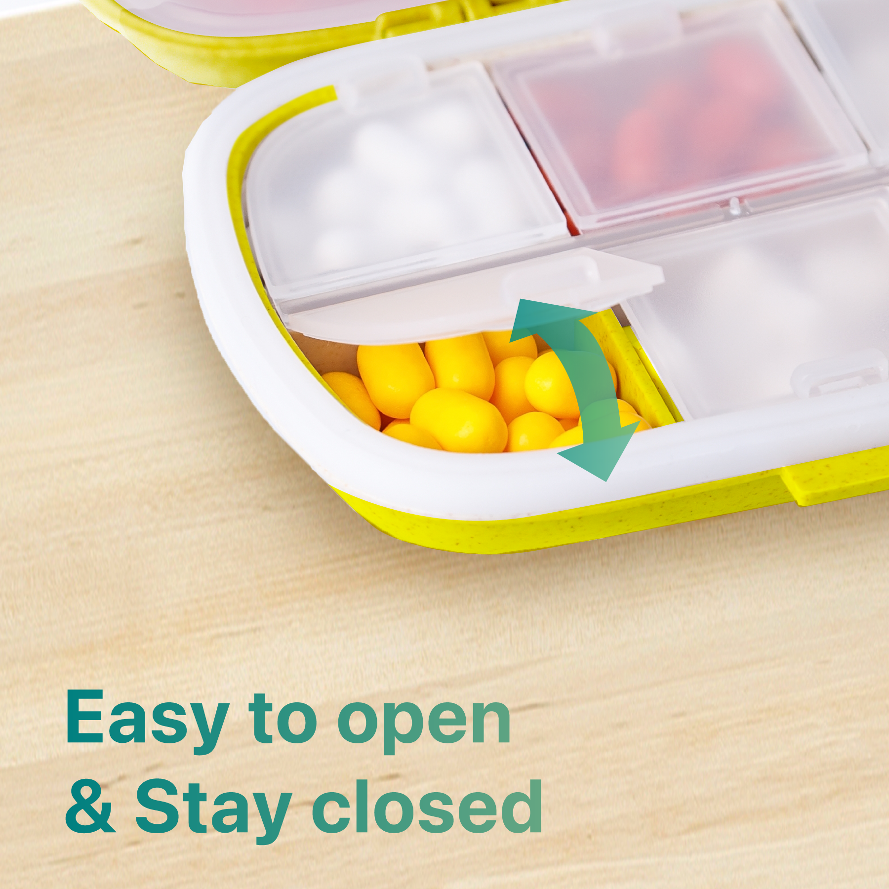 a container with food in it with text: 'Easy to open & Stay closed'