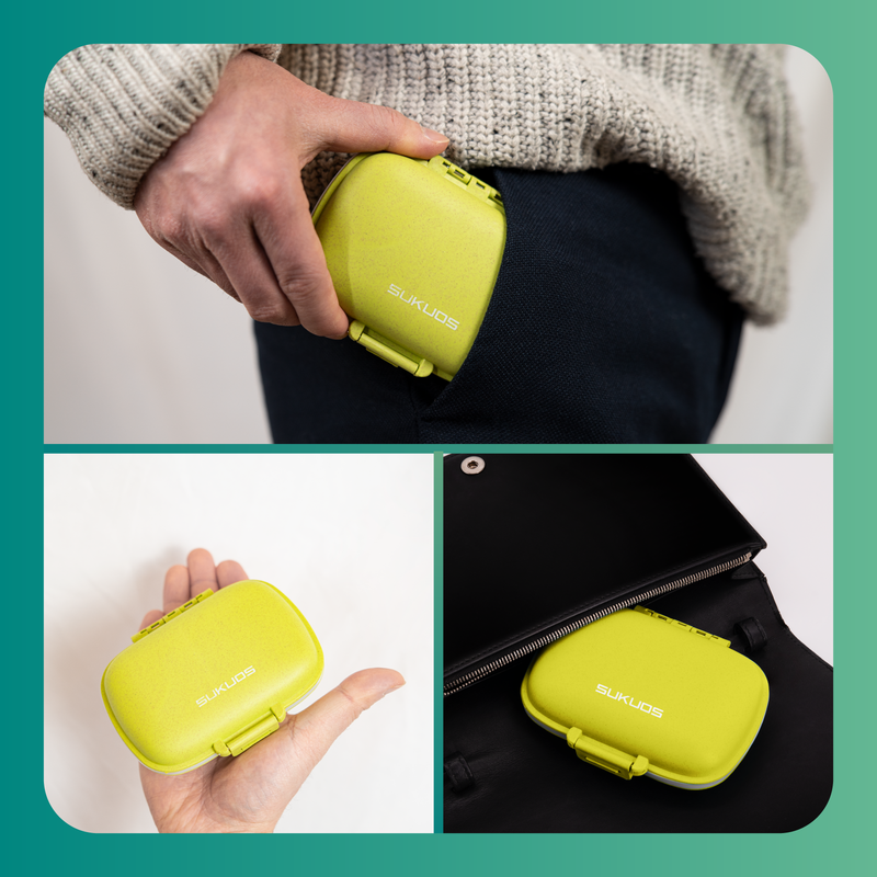 a collage of a person holding a small green case with text: 'SUKUOS SUKUOS SUKUOS'