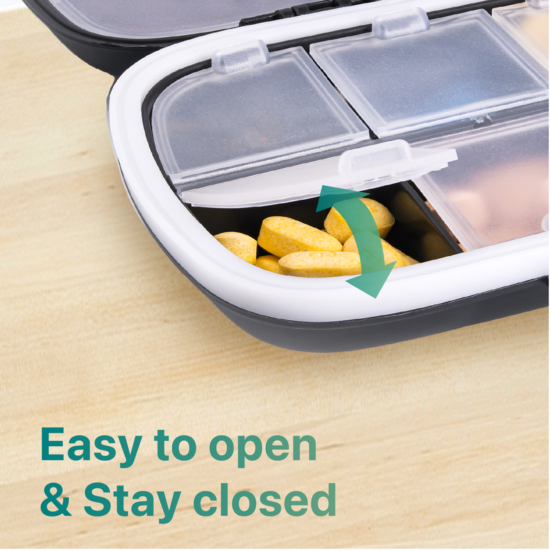 a pill box with pills in it with text: 'Easy to open & Stay closed'