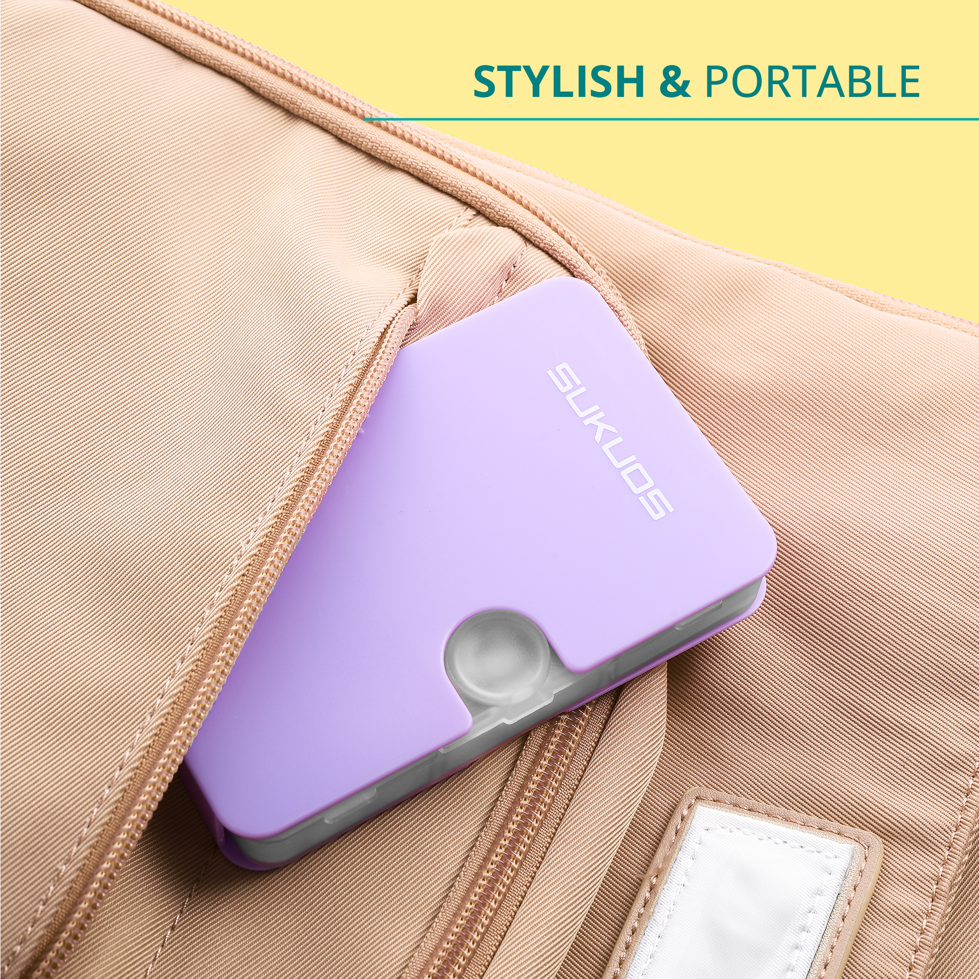 a purple rectangular object in a pocket with text: 'STYLISH & PORTABLE SUKUOS'