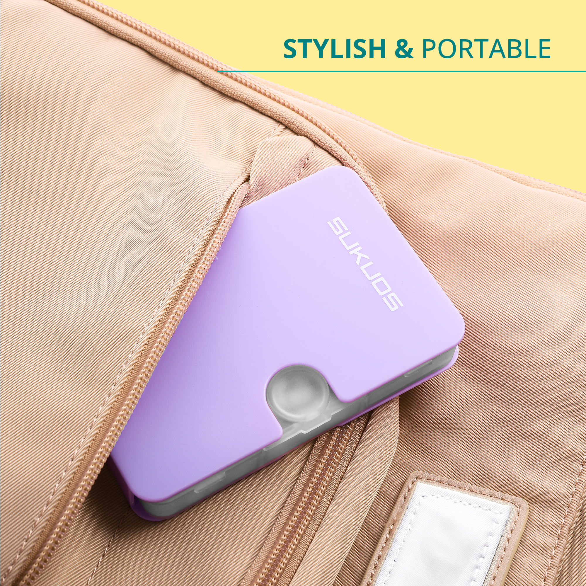 a purple rectangular object in a pocket with text: 'STYLISH & PORTABLE SUKUOS'