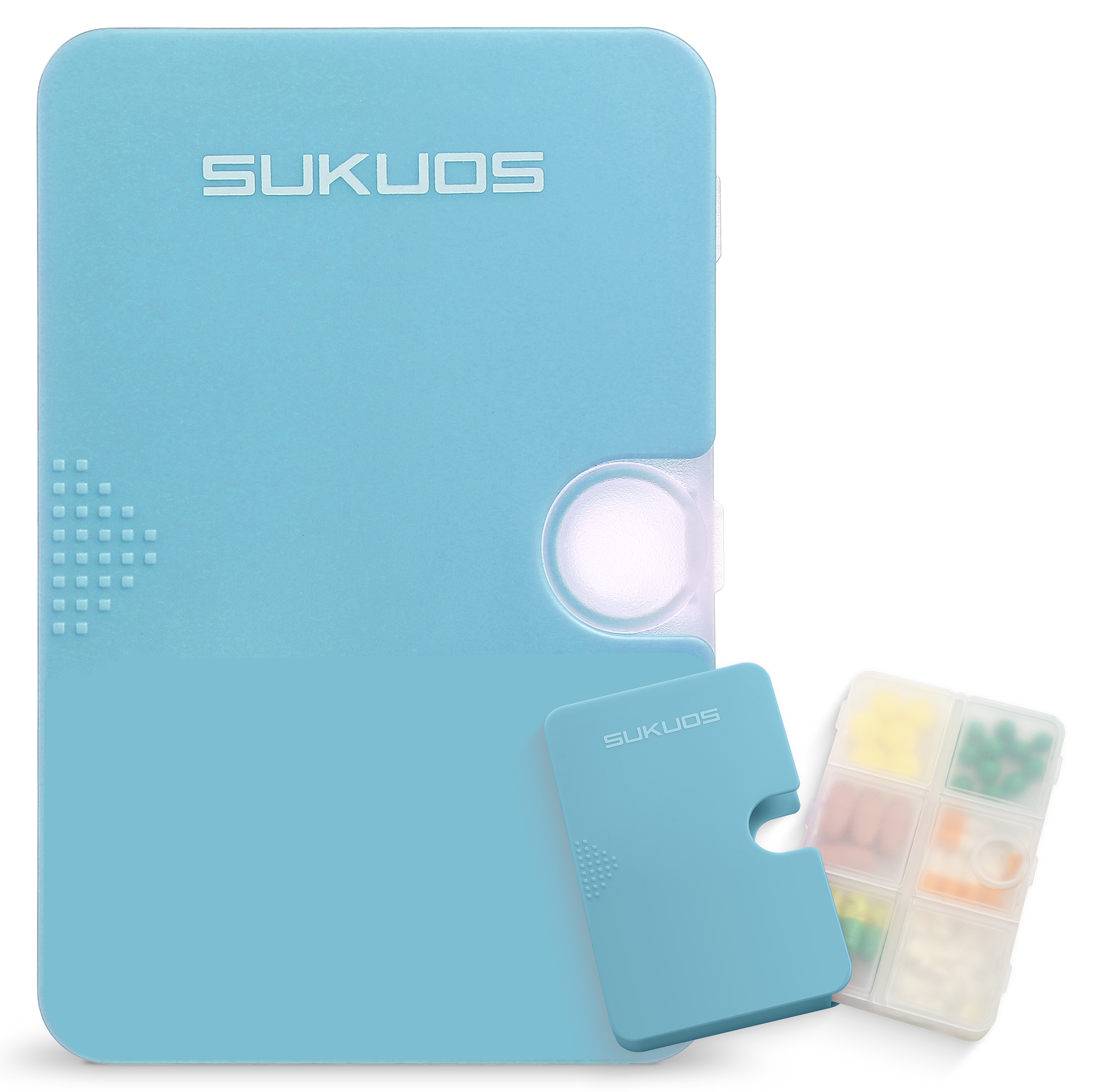 a blue box with a small container of pills with text: 'SUKUOS SUKUOS'