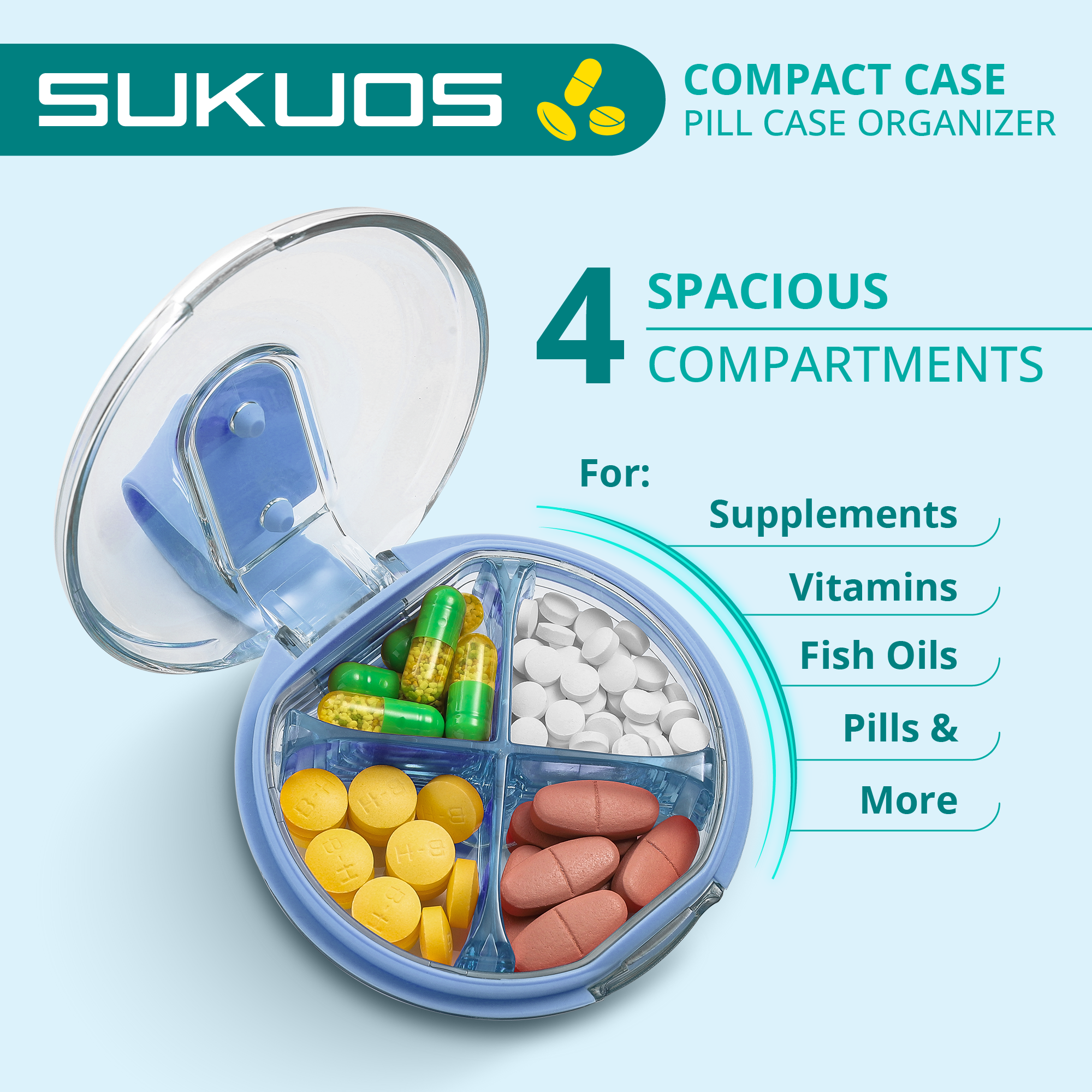 a pill organizer with different pills in it with text: 'SUKUOS COMPACT CASE PILL CASE ORGANIZER 4 SPACIOUS COMPARTMENTS For: Supplements Vitamins Fish Oils Pills & More'