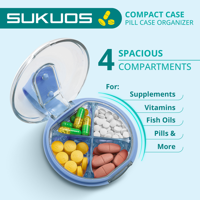 a pill organizer with different pills in it with text: 'SUKUOS COMPACT CASE PILL CASE ORGANIZER 4 SPACIOUS COMPARTMENTS For: Supplements Vitamins Fish Oils Pills & More'