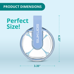 a blue and white wheel with a blue handle with text: 'PRODUCT DIMENSIONS Perfect Size! 4.33" 3.35"'