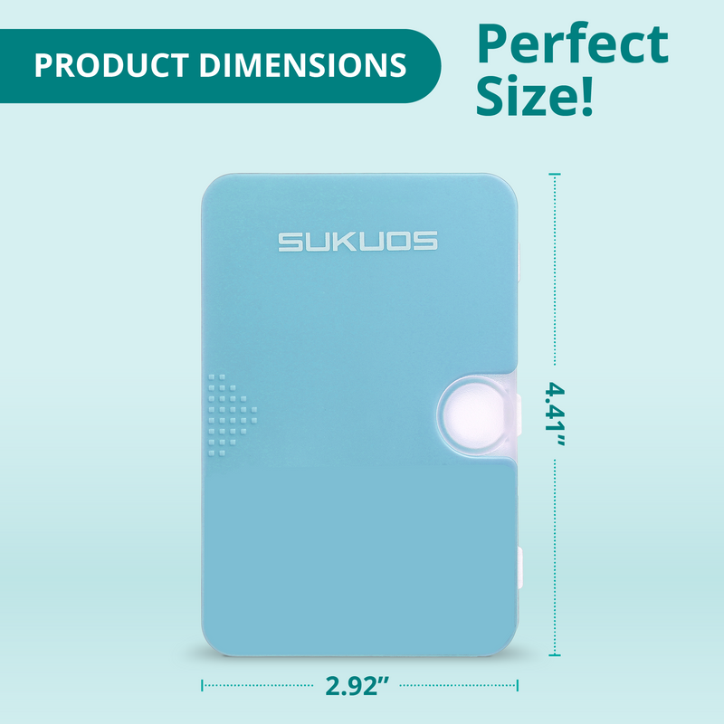 a blue rectangular object with a circle in the middle with text: 'Perfect PRODUCT DIMENSIONS Size! SUKUOS 4.41" A 2.92" -'