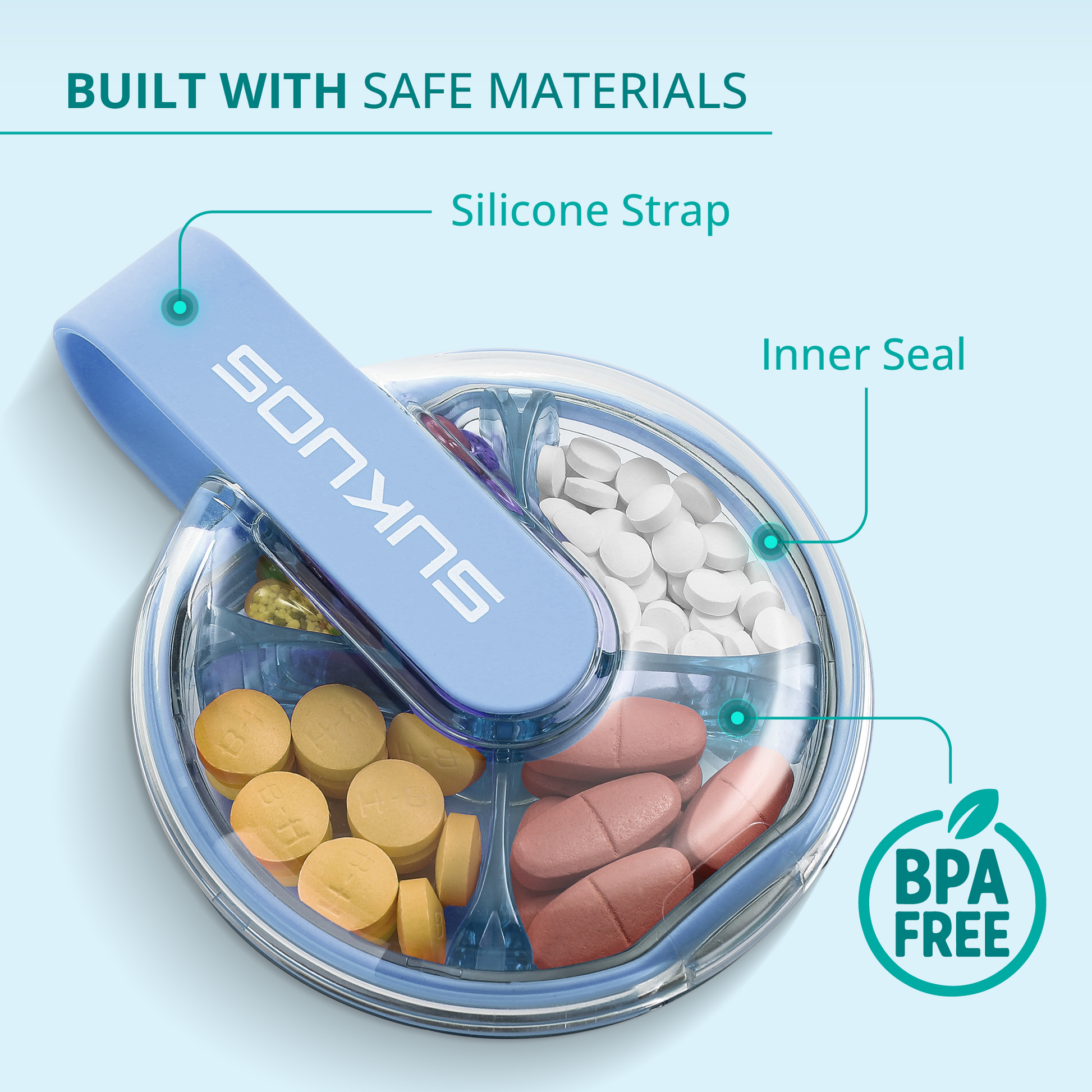 a container with different pills with text: 'BUILT WITH SAFE MATERIALS Silicone Strap SonyNS Inner Seal BPA FREE'