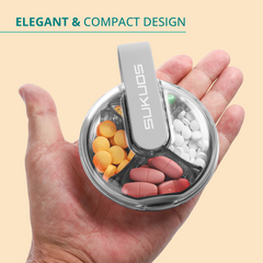 a hand holding a container of pills with text: 'ELEGANT & COMPACT DESIGN'