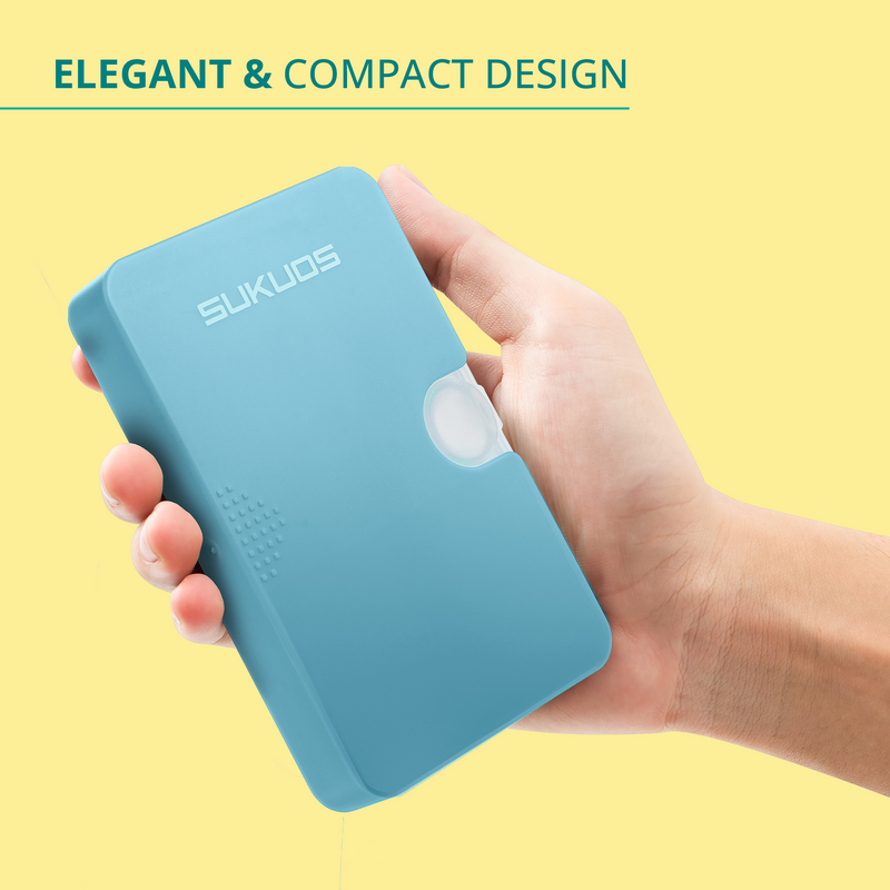 a hand holding a blue rectangular object with text: 'ELEGANT & COMPACT DESIGN SUKUOS'