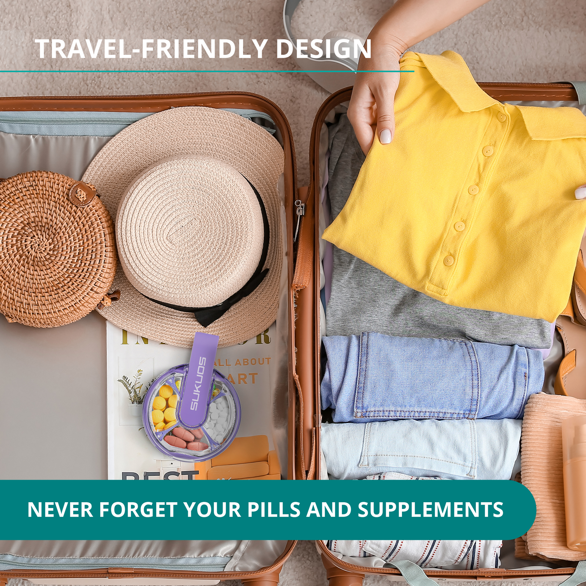 a person holding a yellow shirt in a suitcase with text: 'TRAVEL-FRIENDLY DESIGN ALL ABOUT ART SUKUOS NEVER FORGET YOUR PILLS AND SUPPLEMENTS'