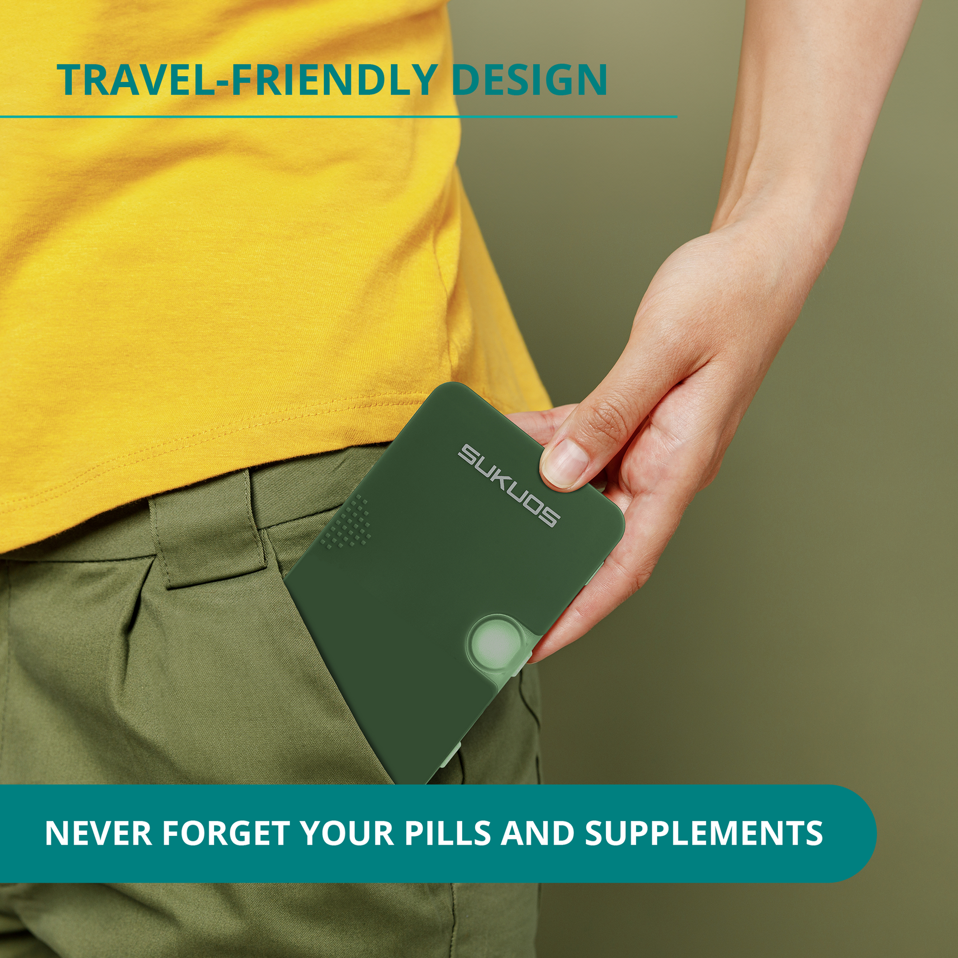 a hand holding a card in a pocket with text: 'TRAVEL-FRIENDLY DESIGN SUKUOS NEVER FORGET YOUR PILLS AND SUPPLEMENTS'