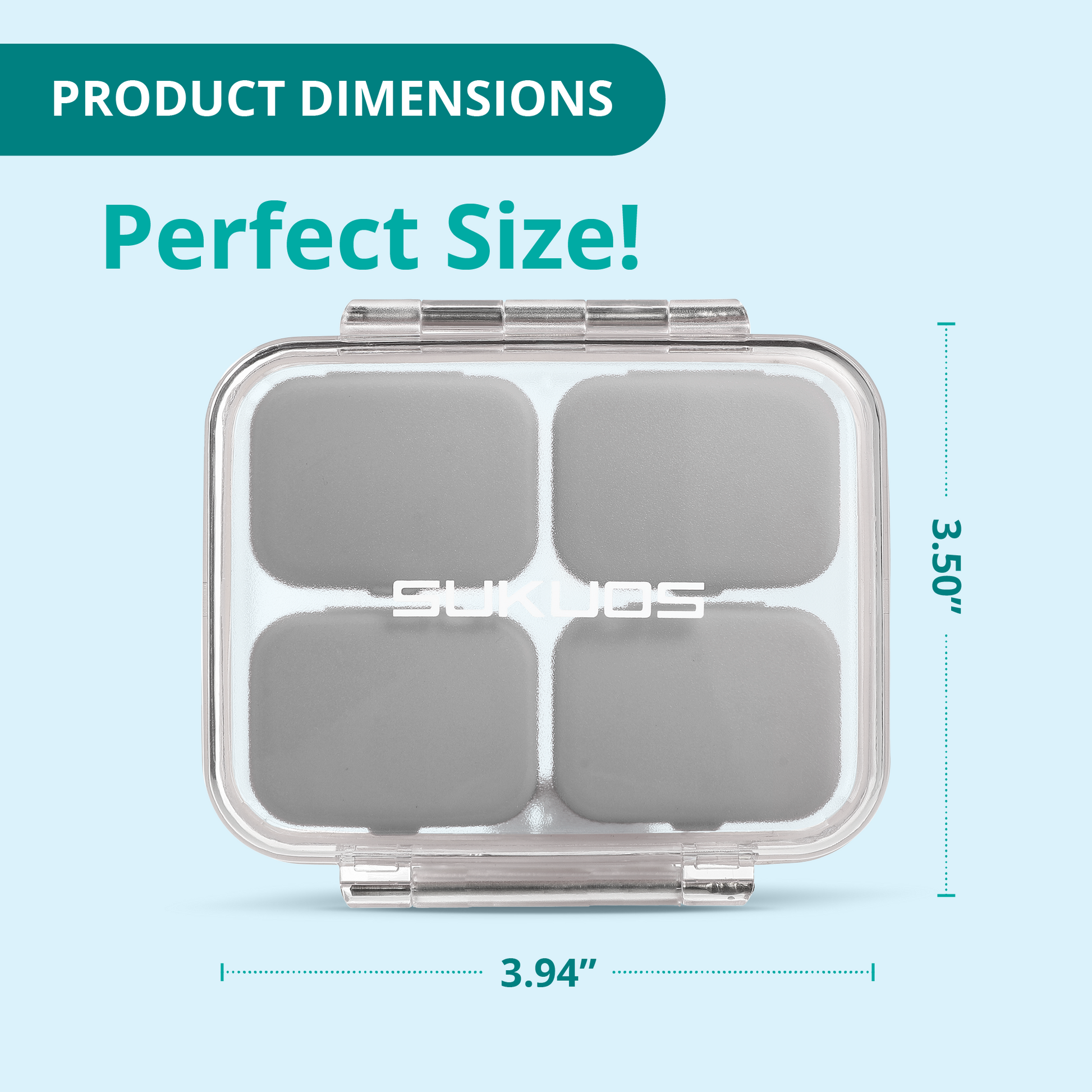 a small plastic container with four small squares in it with text: 'PRODUCT DIMENSIONS Perfect Size! ... W JOS 3.94"'