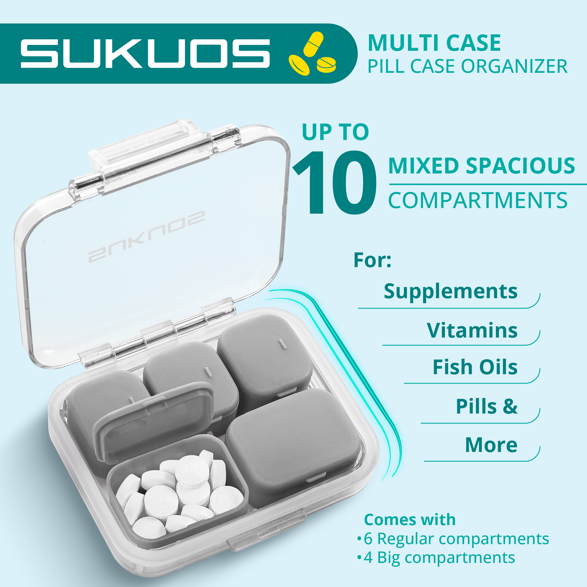 a container of pills with text: 'SUKUOS MULTI CASE PILL CASE ORGANIZER UP TO 10 MIXED SPACIOUS COMPARTMENTS For: Supplements Vitamins Fish Oils Pills & More Comes with 6 Regular compartments 4 Big compartments'