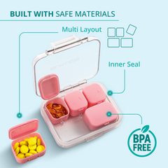 a plastic container with different colored pills with text: 'BUILT WITH SAFE MATERIALS Multi Layout Inner Seal BPA FREE'